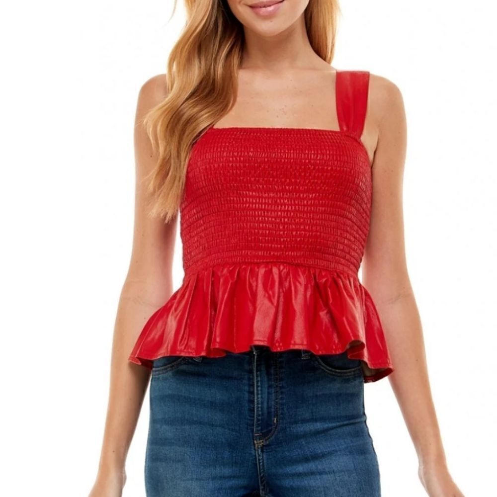 TCEC Faux Leather Smocked Peplum Top Red Women's Size Small Valentine's Day